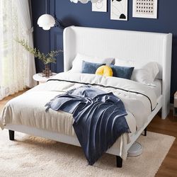 Queen Size Bed Frame with Upholstered Wingback Headboard, Vertical Channel Tufted Corduroy Velvet Platform Bed, Strong Wooden Slats Support