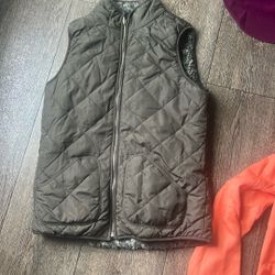 Reversible, Olive Green Sherpa Vest Gold Zipper