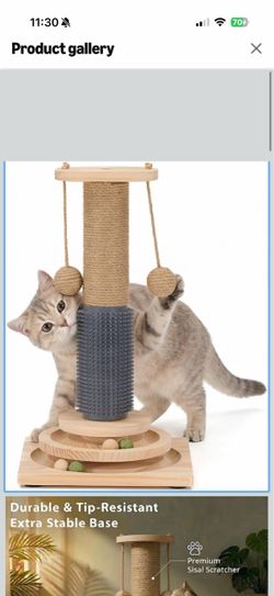 New in box 4-in-1 Solid Wood Cat Scratching Post with Self-Groomer, Medium Size Natural Sisal Scratcher with 2-Level Track Ball Toy, Interactive Cat T
