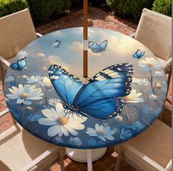 Yesad Round Outdoor Tablecloth With Umbrella Hole - Blue Butterfly