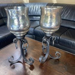 Extra large blown glass hurricane candleholders - Set of 2