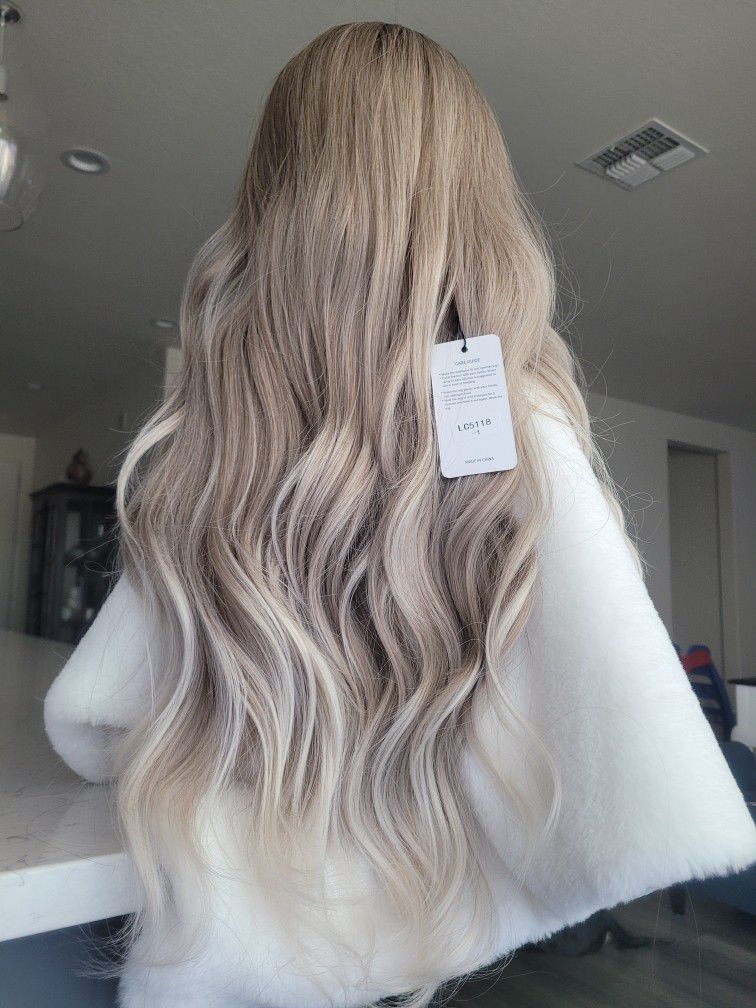 Wavy Mixed Blonde and Platinum Ombre on Brown Roots Synthethic Wig with Face Framin,Heat Resistance