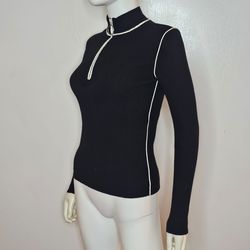 Maje Blk Long-Sleeve Ribbed Zip Mock Neck Top White Piping Size 1 Cotton + Wool