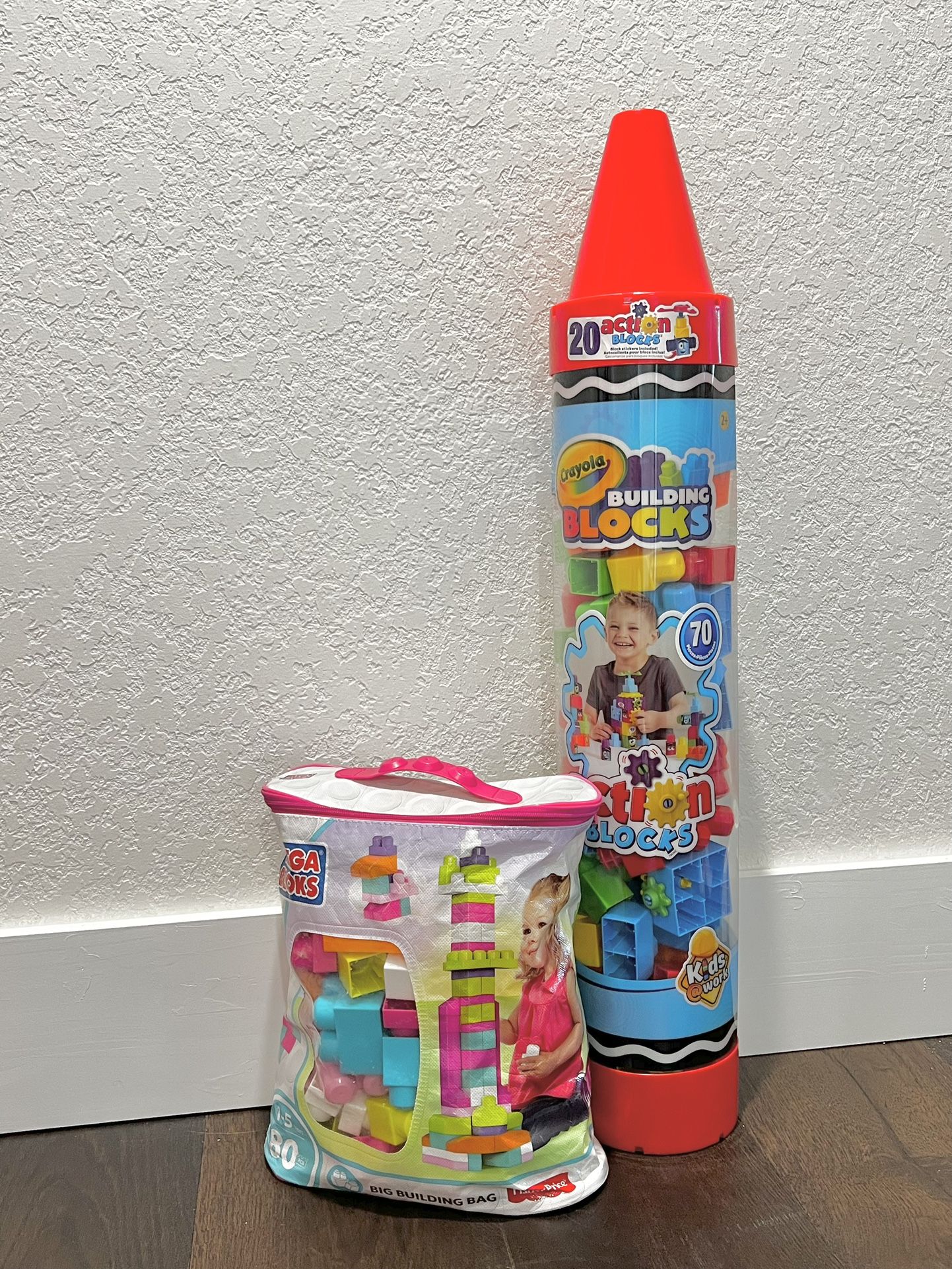 Crayola Kids @ Work ( 70 ) Piece Blocks In Giant Crayon Tube Limited 2018 & Mega Bloks First Builders Big Building Bag, 80