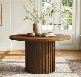 New assembled 47-Inch Round Dining Table for 4-6, Farmhouse Wood Kitchen Table with Striped Pedestal Base, Circle Wooden Dining Room Furniture for Kit