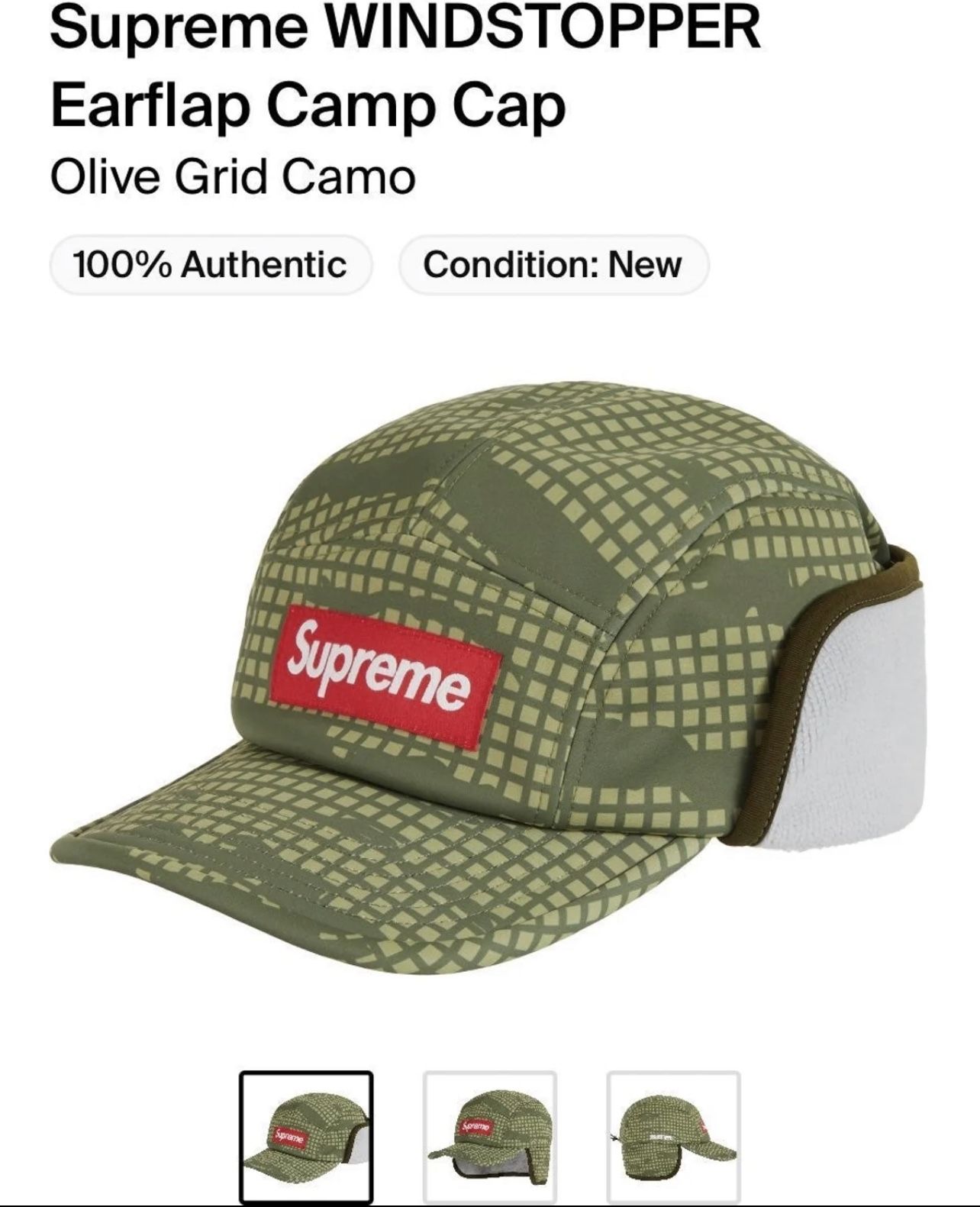 Supreme x WINDSTOPPER® Box Logo Earflap Camp Cap Olive Grid Camp Hat Sz S/M FW21
