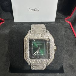Cartier Santos Large Green dial diamond set watch Bussdown iced out stainless steel 40mm pave bracelet