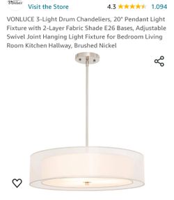 VONLUCE 3-Light Drum Chandeliers, 20" Pendant Light Fixture with 2-Layer Fabric Shade E26 Bases, Adjustable Swivel Joint Hanging Light Fixture for Bed