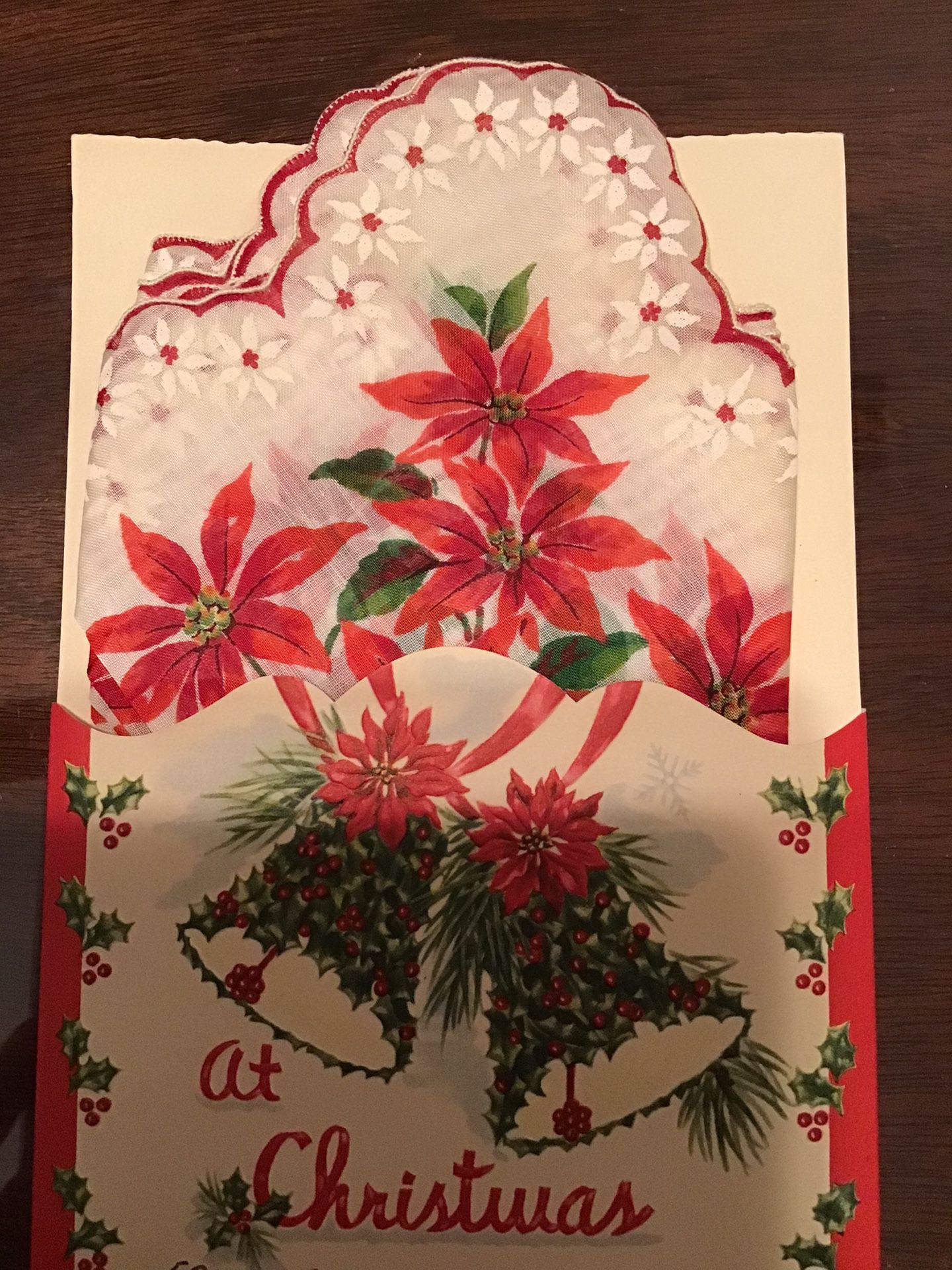 Vintage Christmas Ladies Poinsettia Hankie, In Xmas Envelope 