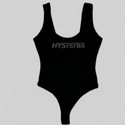 Forever 21 Rhinestone “Hysteria” Black Bodysuit size small
