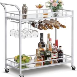 Bar Cart Silver, Home Bar Serving Cart, Wine Cart with 2 Mirrored Shelves, Wine Holders, Glass Holders, for Kitchen, Dining Room, Silver 
