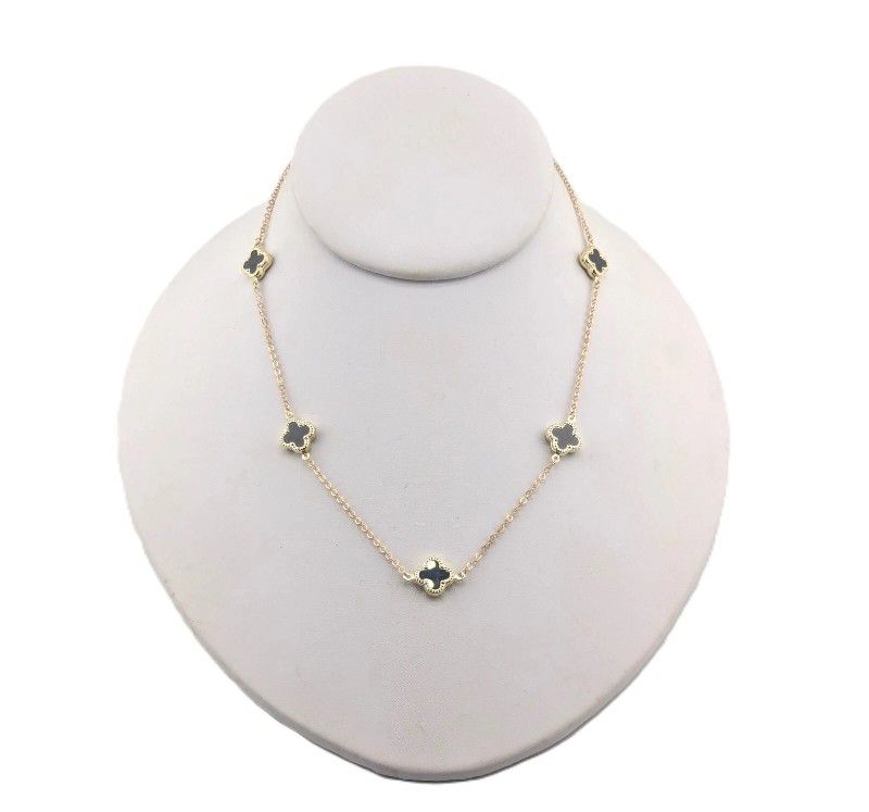 Women's 14k Yellow Gold Black Onyx Clover Necklace Adjustable 16-18in