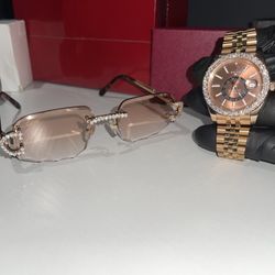 🔥🔥🔥CUSTOM 42MM ROSE GOLD D COLOR VVS1 MOISSANITE BEZEL WITH BUSTDOWN ROSE GOLD WIRE FRAMES WITH AMBER TINT 🟧