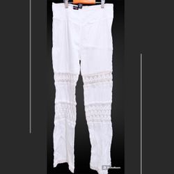 Raviya 100% Cotton White Cover Up Pants With Crochet Insert Size Medium 