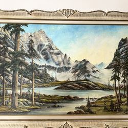 Large Original Oil on Canvas Board — Majestic Mountain & Alpine Lake Scene | Ornate Silver Frame/ BC