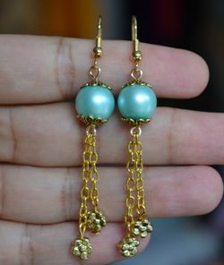 Handmade Aqua pearl gold chain flower Earring