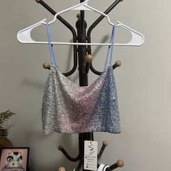Itoo Women's Silver Pink Sequin Super Sparkly Halter Top Adjustable Sz S Dance 