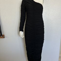 Women's Elegant Bodycon One Shoulder Long Sleeve Ruched Midi Size L