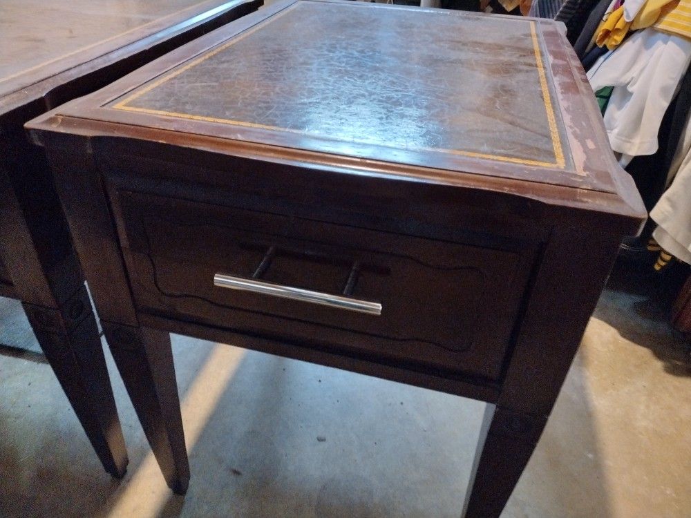 Pair Of MCM Leather Top Mahogany End Tables