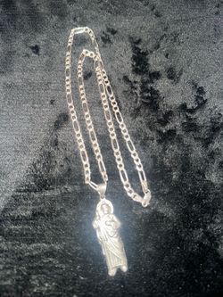 Real 925 Silver Figaro Chain &  San Judas Pendant Necklace