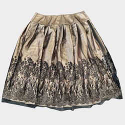 Womens Coldwater Creek Satin Pleated Skirt GoldBlack Embroidered Floral Mesh 
