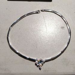 Vintage Sterling Silver Necklace Pearl Cubic Zirconia Blue Topaz 