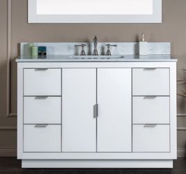 Venice4821-WH-BN➕top,Venice 48"x21"x33" Solid Wood Bath Vanities Side Cabinet in White and Brushed Nickel Trim and Carrara Marble Vanity Top Cabinet w
