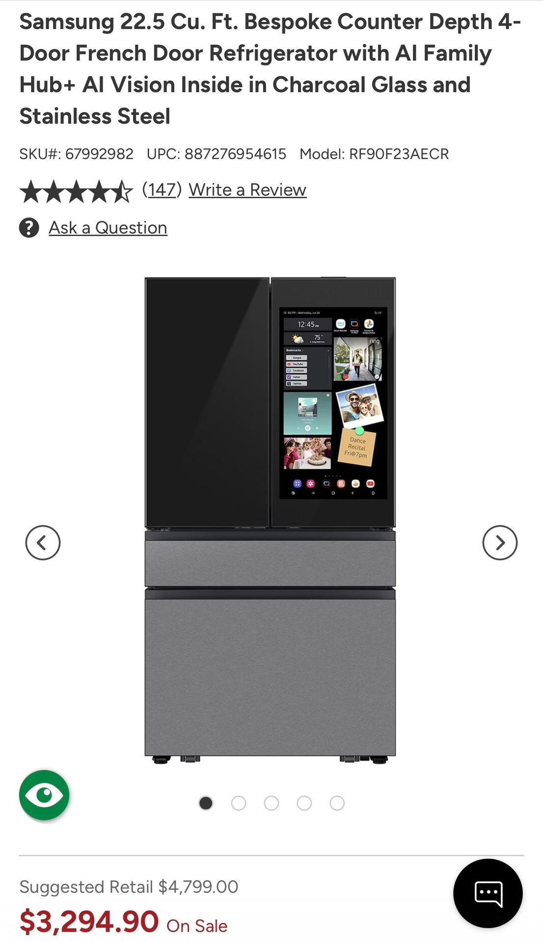 Samsung 22.5 Cu. Ft. Bespoke Counter Depth 4-Door French Door Refrigerator with Al Family Hub+ Al Vision Inside in Charcoal Glass and Stainless Steel