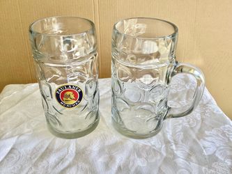 Set of 2 Vtg. Heavy Glass 1 Liter Paulaner Munchen Dimpled Beer Stein Mugs Austrian Tankards
