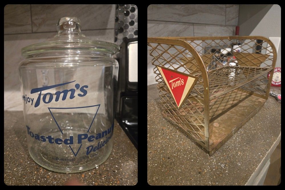 Vintage Tom's Peanut Glass Jar &  Display Rack