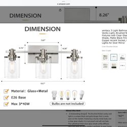 3 Light Bathroom Vanity Light, Brushed Nickel Fixtures with Clear Glass Shades (Two Fixtures Available)
