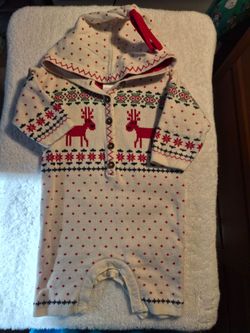 Hanna Andersson, Baby Boy,  Fair Isle Reindeer Hooded Knit Romper, 0-3  Mo
