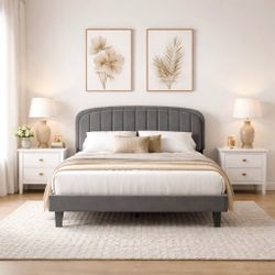Gray Velvet Full Size Bed Frame with Mattress Combo