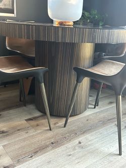 48” Round Table HD Buttercup Modern Hollywood Regency Semi-Custom Real Zebrawood Veneer & Black Glass Best Offer