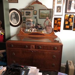 Antique Vintage Wood Dresser And Attached Mirror