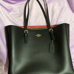 Coach Women's Mollie Leather Tote Handbag (Black / True Red)