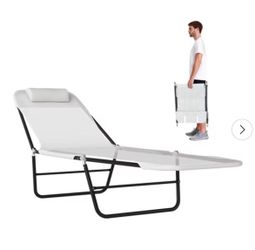 Outsunny Foldable Outdoor Chaise Lounge Chair, 5-Level Reclining Camping Tanning Chair with Breathable Mesh Fabric and Headrest, Cream White and light