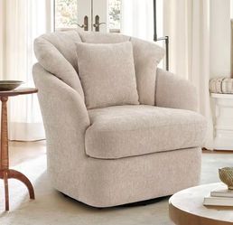 Rowena Oversized Light Khaki Chenille Upholstered Swivel Accent Chair with Double Cushion Modern Swivel Barrel Chair