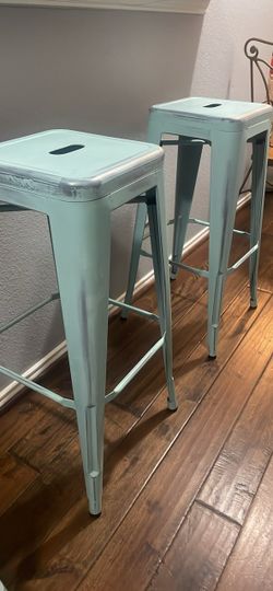 Set of three Teal Metal Bar Stools
