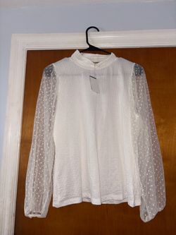 White Mock Neck Blouse with Sheer Polka Dot Sleeves