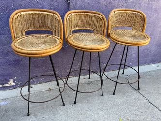3 MID CENTURY MODERN RATTAN RATAN WICKER BAMBOO BAR STOOLS CAST IRON BASE
