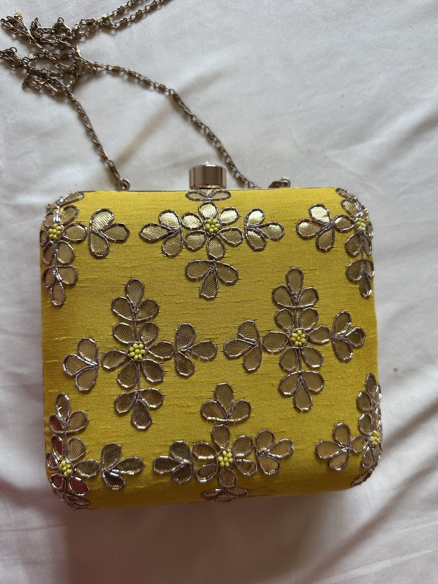 Yellow Floral Clutch/ Crossbody Purse Handbag golden leaf work  (Gotta patti work) on yellow raw silk. 