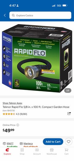 RapidFlo Lightweight Garden Hose. From the box: * 100 ft long * 5/8-inch diameter * About 50% lighter weight than traditional hoses * Kink-resistant
