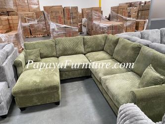 NEW Sectional Sofa and Ottoman Set Green Color Fabric BIG SALE CLEARANCE Discount Ashley Style Soft Plush Sage Green Designer Modern Corner Couch SALE