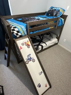 Twin Bunk Bed w/ Slide & Ladder + Mattresses