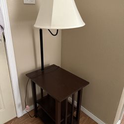 Stylish Side Table with Built-In Lamp – Dark Wood Finish