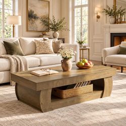 55" Farmhouse Coffee Table with Storage and Curved Pedestal Base