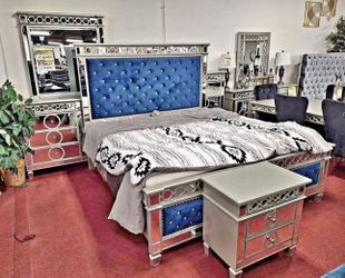 Belle Blue Mirrored 4 PC. Queen Size Bedroom Set. Brand New. MATTRESS SET IS NOT INCLUDED.