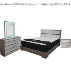 Sandalwood/ White Glossy Queen Bedroom Set Queen LED Bed No Mattress 
