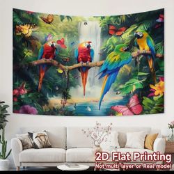1pc Tropical Parrots & Exotic Flowers Backdrop, Polyester Oversized Jungle Scene Wall Hanging,